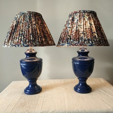 Pair Vintage 1980s Cobalt Blue Glazed Ceramic Urn Lamps Decorative Swag Details