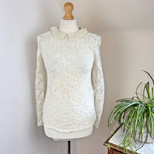 Zara Lace Blouse Top Beaded Neckline Size XS Cream Goth Victorian Fairycore