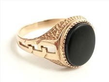 Vintage 9ct Yellow Gold Unique Textured Set Black Onyx Signet Ring Size T 3.91g
