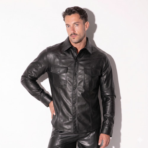 Men faux leather button - leather, button-up