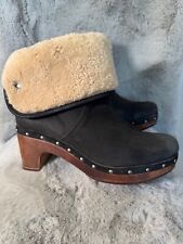 UGG Clog Lynnea Pull On Boot Black Leather Studded Fleece Roll Top Heeled UK 7.5