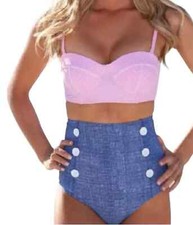 Morices Bikini Set Women’s UK Size S & M Pink Denim Retro Look Swim
