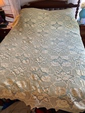 Hand-Crocheted Vintage Yellow Floral Lace Bedspread/Tablecloth with Rose Design