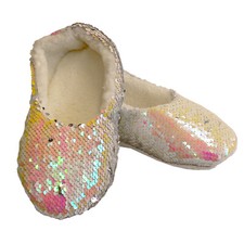 Ladies Women Reversible Sequin Silver Slipper Fleece Lined House Shoe Size 2-7