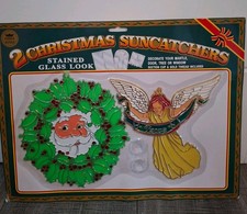 Vintage Christmas Suncatchers X 2 Stained Glass Look Santa Angel Wings Holly New