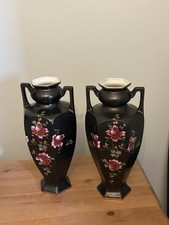Pair Of Antique Victorian Art Nouveau Black Victorian Floral Vases