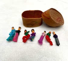 Original, 1950's Vintage Guatemalan Tiny Worry Dolls (7) in Handmade Wooden Box