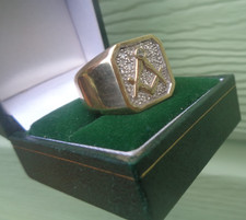 Gold Diamond Masonic Ring HEAVY 9ct hm 1990s Sheffield   size U to V  11.5gram