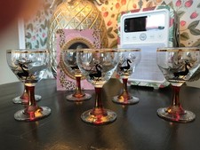 Vintage 60s French Christmas Reindeer Gold Edged Sherry/Liqueur Glasses Set Of 6