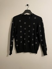 Sessun Yulia Cotton Cashmere Embroidered Crewneck Knit Sweater Black L