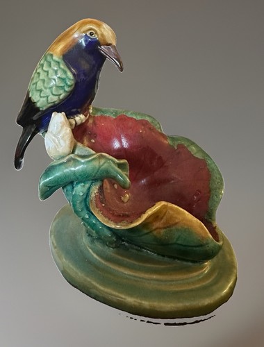 Antique majolica bird perched - majolica,