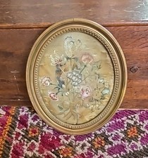 Antique Silk On Silk Embroidery In Aged Oval Gilt Frame Floral Bouquet