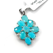 New 925 Sterling Silver Blue Opal & Diamond Pendant Necklace Womens Jewellery
