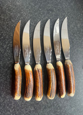 Vintage 6 x Steak Knives Silver Tone Stainless Sheffield & Stag Antler Horns NEW