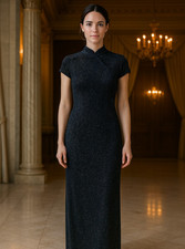 VTG Cheongsam Qipao Gown Womens Sz 4P Black Velvet Sparkle Mandarin Maxi Dress