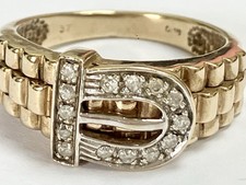“9ct Yellow Gold & Diamond Buckle Watch Strap Design Gents Chunky Ring”
