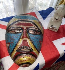 Large Indian Tribal Wall Mask Vintage Wooden Blue Red White Yellow  White Rare