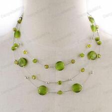SCATTERED BEAD NECKLACE OLIVE GREEN OR BROWN catseye glass mix beads SILVER PLTD
