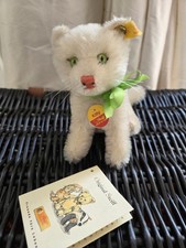 STEIFF RARE WHITE MOHAIR SITTING KITTY 1307/12 YELLOW TAG 5" GREEN EYES