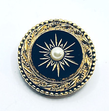 Vintage Victorian Style Sphinx Brooch Gold Tone Black & Faux Pearl Stamped A527