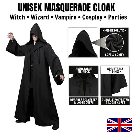 Unisex hooded black cloak long - hooded,