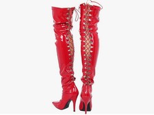 Red patent leather over the knee boots with lace up front and heel