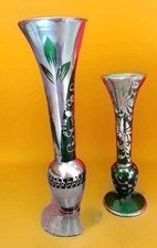 Vintage Green Glass Vases with Sterling Silver Overlay - Murano Italy