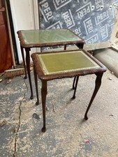 Vintage Antique Style Brown Wooden Nest 2 Tables Green Leather Inlay Queen Anne