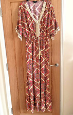 Blue Vanilla Cream with Red, Pink Print Maxi Length Kaftan Dress, Size L, 14-16