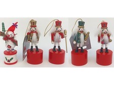 Lot 5 Christmas tree hanging decoration push puppet wooden nutcracker snowman