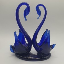 RARE Vintage LaFiore Glass Swan & Cygnet Blue Art Glass Bird Pair - Mallorca
