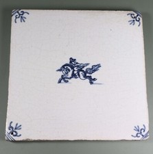 Antique 18th Century Delft Tin Glazed Pottery Tile, Horse And Rider Decoration.