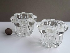 MC REIMS France 2 Clear Glass Candle Tea Light Holders Pair Vintage makers mark 