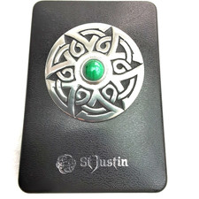 St Justin Celtic Pewter Brooch with Green Cabochon Stone Unisex Boxed