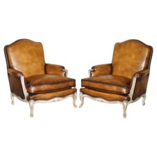 RESTORED PAIR OF ANTIQUE ORIGINAL PAINT BROWN LEATHER FRENCH LOUIS XV ARMCHAIRS