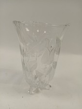 Vintage Clear Glass Vase with Etched Tulip Floral Design 3 Footed Base 22x15cm