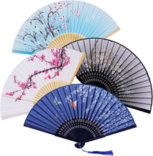 4 Pack Silk Fabric Hand Fans, Chinese Fan, Hollow Carved Bamboo Folding Hand Fan