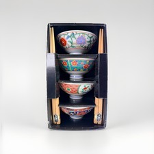 4 Japanese Rice Ramen Bowls Hand Painted Various Colors Floral