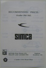 Simca Original UK Price List 1965 October 1000 1300 1500