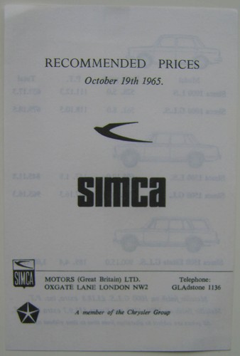 Simca original price list - original, uk