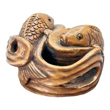 Hand Carved Boxwood Netsuke Figurine Carving: Swimming Koi Carp Very Nice 3cm