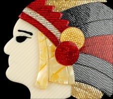 LEA STEIN INDIAN CHIEF BROOCH PIN RED YELLOW GREY PARIS FRANCE