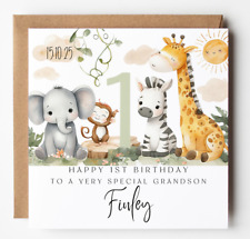 Grandson Safari 1st Birthday Card, Safari Animals, Cute Jungle Animals,