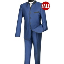 HAS TO GO! Sharkskin Slim-Fit Banded-Collar Nehru Church Suit BLUE, 36 R, $299+