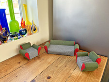 MID CENTURY MINI SALESMANS SAMPLE ART DECO STYLE CLUB SOFA & PAIR OF ARM CHAIRS