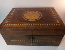 Antique Mahogany Military 12" x 9" Writing Slope Box Inlaid Marquetry With Key