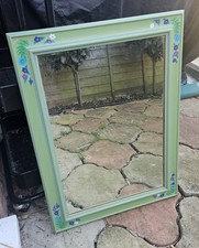 Upcycled Pine Mirror. Hand Painted Sage Green With Flower Pattern.  59cm X 44cm