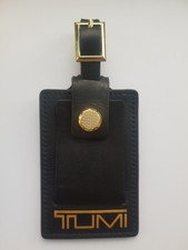 TUMI LEATHER LUGGAGE I.D. BAG TAG - BLACK with GOLD WRITING