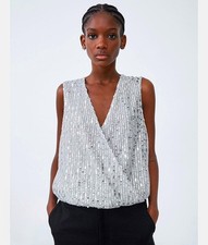 Zara Gorgeous Silver Sequin Wrap Style Bodysuit Size L New with tags