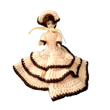 OOAK Vintage Doll Hand Knit Crochet Dress And Bonnet Height 8.5in Peach Brown